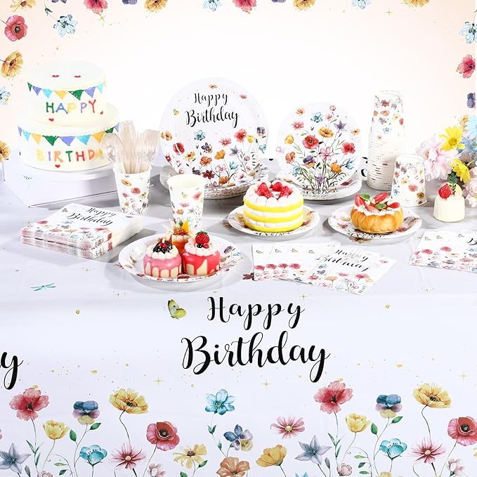 Pickmesh 194 Pcs Wildflower Birthday Party Decorations Spring Floral Tableware Set for 24 Guests Wildflower Birthday Paper Plates and Napkins Cups Tablecloth Cutlery for Women Flower Party Supplies