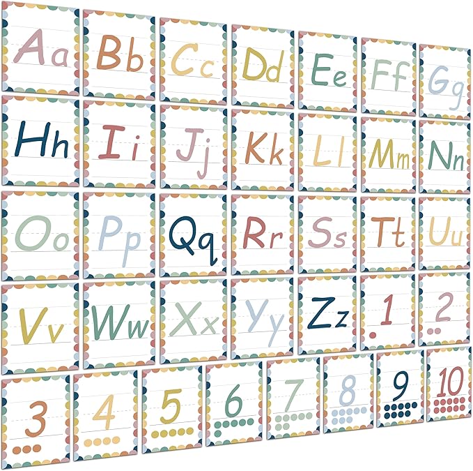 YIYDONG 36 Alphabet Posters, Alpethabet Line ABC Number Bulletin Board Set Preschool English Poster Kindergarten Elementary Classroom Wall Decor Nursery Homeschool Supplies (White)