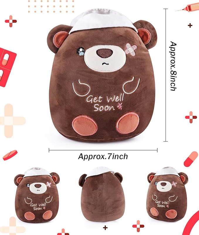 Get Well Soon Plush Bear - Teddy Bear Plush Toy with Injury Bandage, Kids' Pillow Cushion, Get Well Soon Gifts for Patient Kids, Dark Brown, 8 Inch