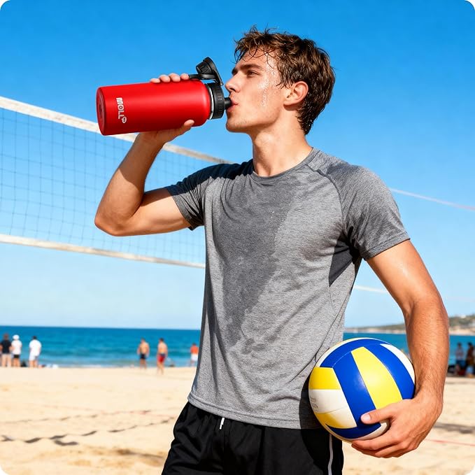 Insulated Water Bottle-32 oz Stainless Steel Vacuum Wide Mouth Sports Water Flask with Spout Lid-Reusable Metal Travel Water Bottle with Silicone Boot, BPA-Free(Canyon Red)