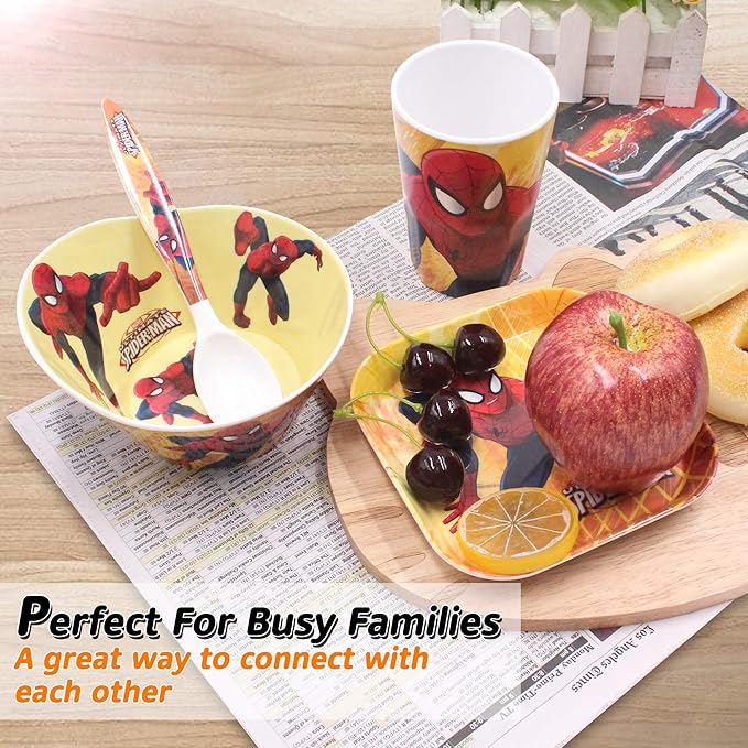 4 Pcs Set Cartoon Durable Tableware Meal Dishes Mealtime Food Feeding Eating Set includes Dinner Serving Bowl Plate Cup with a Matching Spoon and Fork