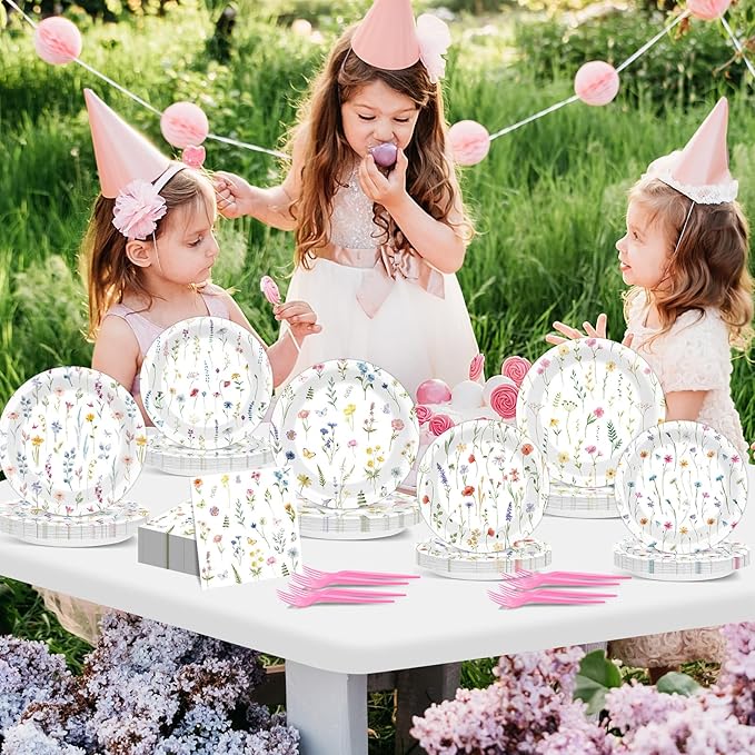 96Pcs Wildflower Party Supplies Floral Themed Paper Plates Napkins Wildflower Butterfly Tableware Disposable Dinnerware Decoration Set for Girls Birthday Wedding Bridal Baby Shower Party Table Decor