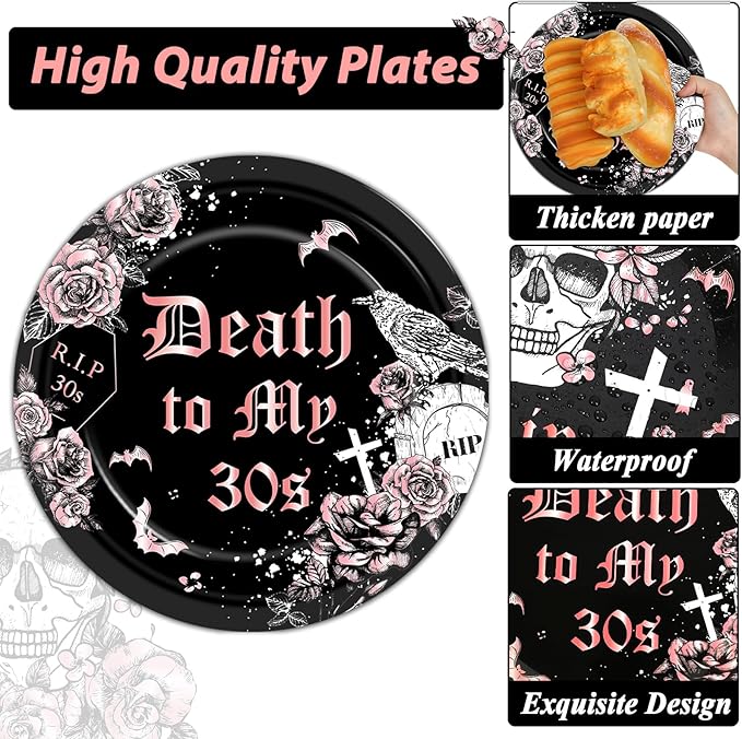 Qyeahkj 100 Pcs 40th Birthday Party Supplies Death to My 30s Paper Plates and Napkins Set Black Rose Gold Rip to My 30s Disposable Tableware Decorations for Women Thirties Funeral Youth Serve 25 Guest