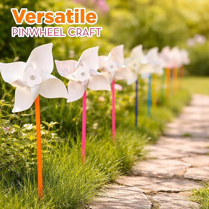 4E's Novelty DIY Pinwheels Craft for Kids (48 Pack) Color Your Own White Pinwheels, Bulk Summer Spring Craft Kit for Boys & Girls, Arts and Craft Party Activity, Church Easter Crafts