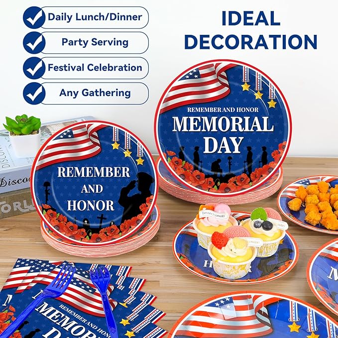 96Pcs Memorial Day Plates and Napkins for Remember and Honor Soldier Party Supplies Thank You Soldiers Dessert Plates Veterans Day Tableware Set for 24 Guests 4th of July Party Decorations