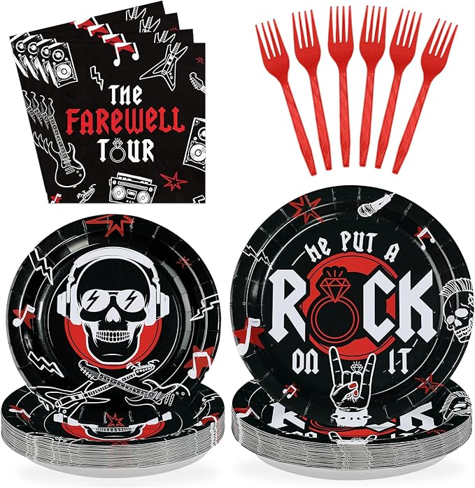 96Pcs Rock and Roll Party Decorations He Put A Rock On It Plates and Napkins Rock N Roll Tableware Sets for Boys Girls Bachelor Rockstar Guitar Music Theme Born to Rock Party Decorations Supplies