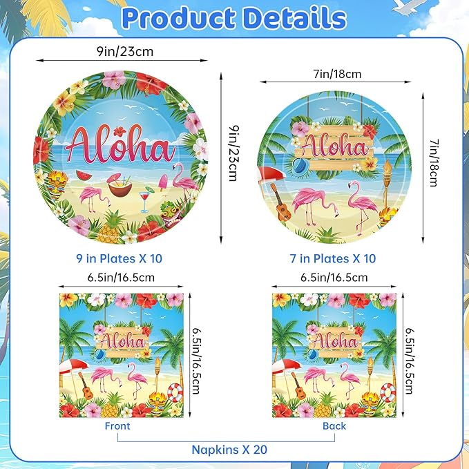 40 Pcs Aloha Party Decorations - Hawaiian Plates and Napkins, Tropical Luau Dinner Dessert Paper Plates Flamingo Napkins Disposable Tableware Set for Hawaii Summer Party Supplies Decor, Serves 20