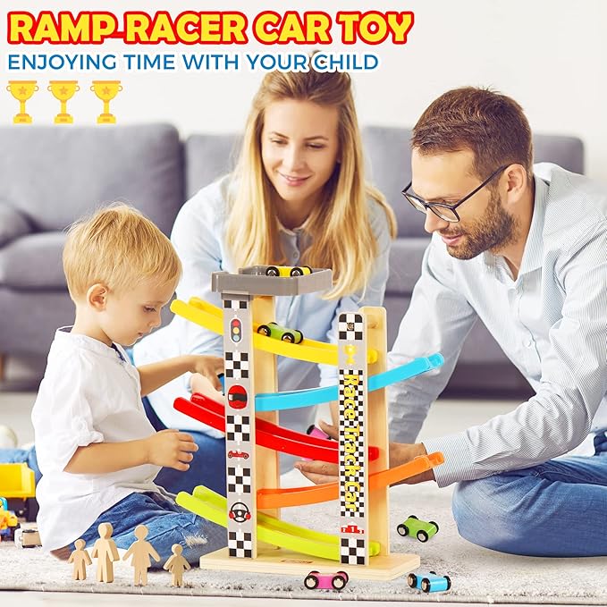 Belleur Montessori Toy for 1-3 Years Old Boys and Girls, Kid Race Track Car for Toddlers with 5 Mini Cars & 5 Ramps, Wooden Montessori Car Ramp Toy Set for Babies' Birthday Gifts, Visit Gifts