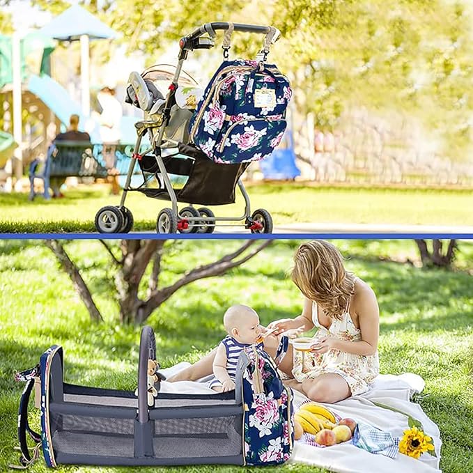GurZinn Diaper Bag Backpack with Changing Station, Foldable for Bady Toddler, 3 in 1 Large Capacity Newborn Essentials Organizer with Stroller Hook for Girls and Boys（Blue）