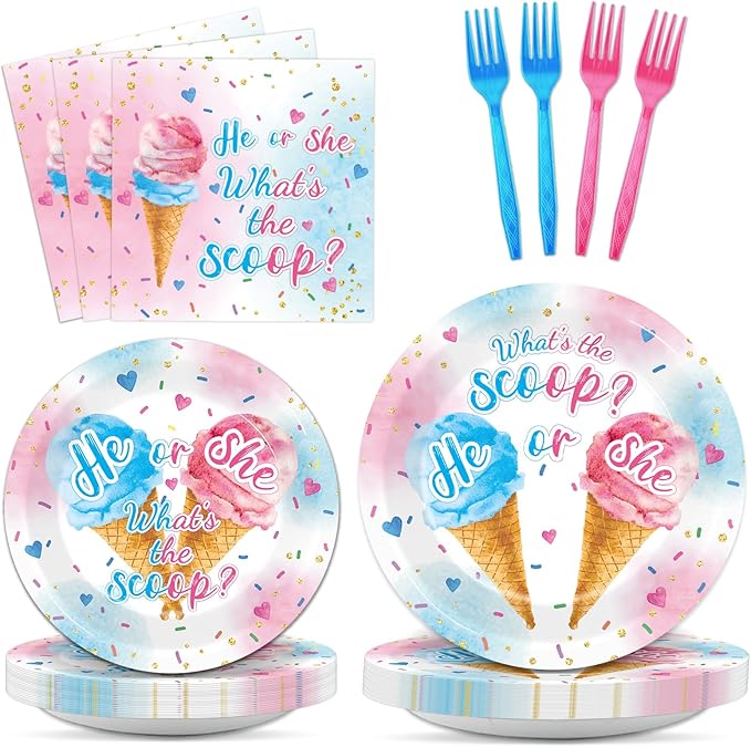 96PCS Ice Cream Gender Reveal Party Paper Tableware What's the Scoop Gender Reveal Plates Party Supplies for Summer Ice Cream Theme He or She Boy or Girl Baby Shower Dinnerware Plates Napkins Forks
