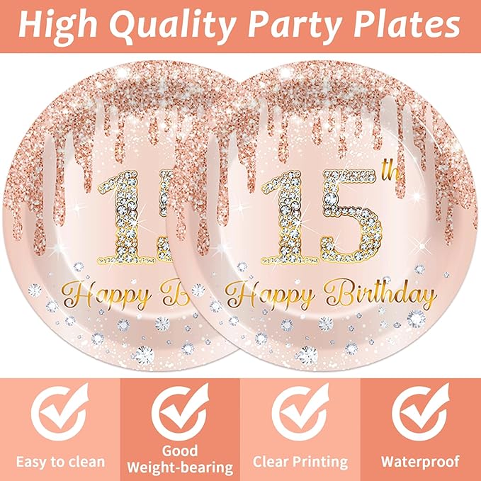 50Pcs Rose Gold 15th Birthday Party Paper Plates Napkins Girls Pink 15th Birthday Dessert Table Decoration Happy 15 Years Old Cake Tableware Set Serves 25 Guest Fifteen Years Old Party Favor Supplies