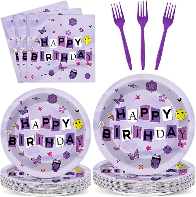 CHUNNIN 96Pcs Purple Music Party Plates and Napkins for Girl Sing Party Supplies Musical Themed Paper Dessert Plates Tableware Set for Kids Baby Shower 24 Guests Music Lover Birthday Party Decorations