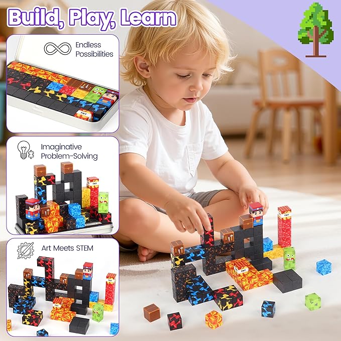 SYSKENI 35PCS Magnetic Blocks Travel Set, Mini Magnetic Blocks Travel Toys for Kids Ages 3-5 4-8, Portable Magnet Cubes STEM Learning Toys with Portable Iron Storage Box Christmas Birthday Gifts