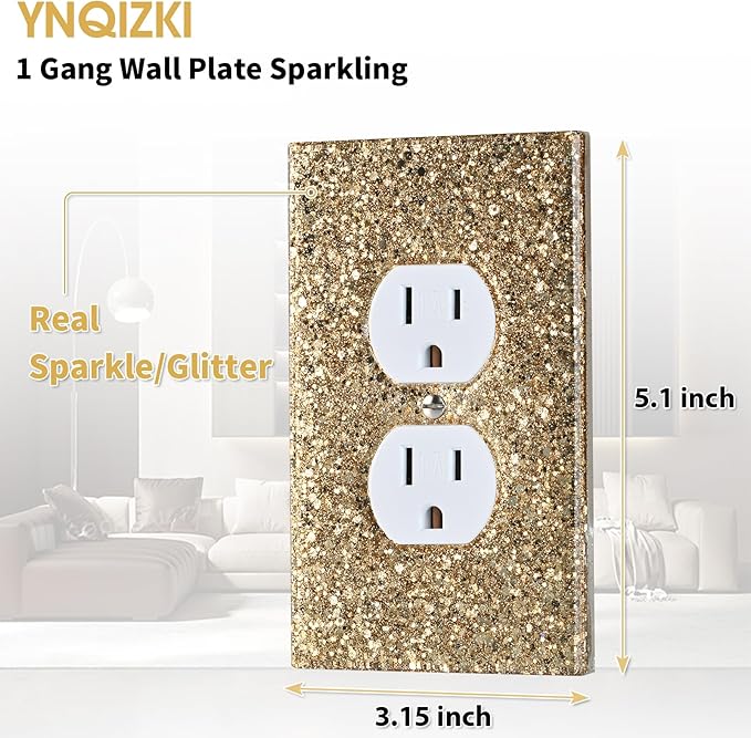 Gold Glitter Outlet Covers - Sparkling Wall Plate 5.1"x3.15", Single Duplex