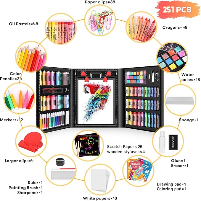 iBayam Art Kit, 251-Pack Art Supplies Drawing Kits, Arts and Crafts Gifts Box for Adult, Art Set Case with Trifold Easel, Scratch Paper, Sketch Pad, Coloring Book, Crayons, Pencils