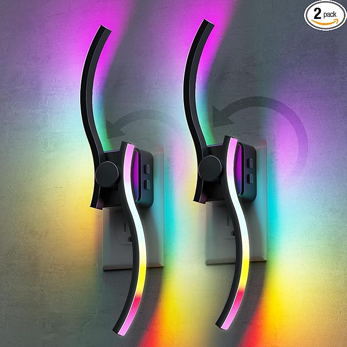 L LOHAS LED Night Light, 2 Pack Night Lights Plug into Wall, Modern Nightlight with Dusk to Dawn Sensor, 3000K & RBG Dimmable Wave Plug in Night Light, for Bedroom Bathroom Hallway