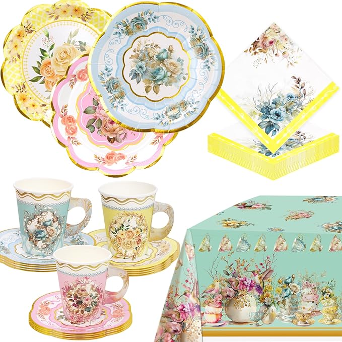 WorldBazaar Tea Party Supplies Floral Party Dinnerware 12 Set Paper Tea Cups and Saucers, Plates Napkins Tablecloth Birthday Table Decorations Girls Kids Adults Woman