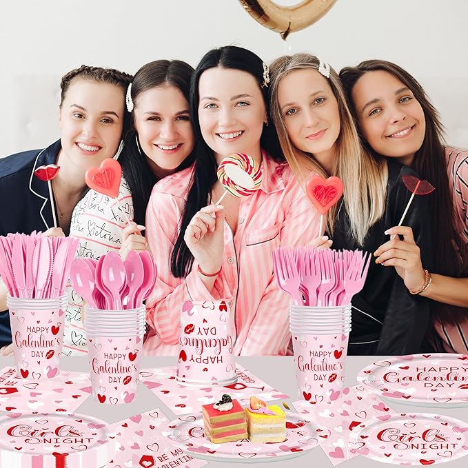 168pcs Galentines Day Paper Plates Napkins Pink Party Supplies Cups Disposable Tableware For Women Girls Galentines Day Decorations Serve 24 Guests