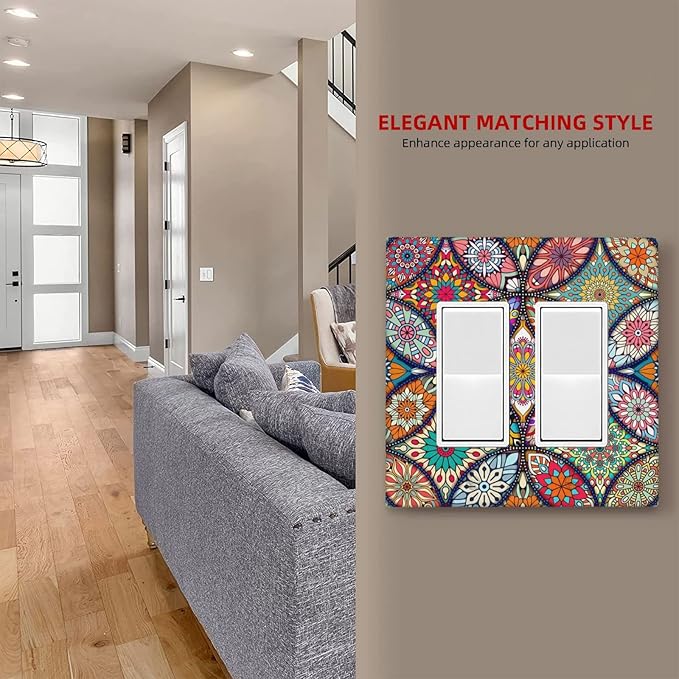 Bohemian Double Rocker Wall Plate Decorative 2 Gang Light Switch Cover colorful Vintage Floral Mandala Flower Gfci Electrical Switchplate Home for Bathroom Bedroom Kitchen Decor 4.6"X4.5"