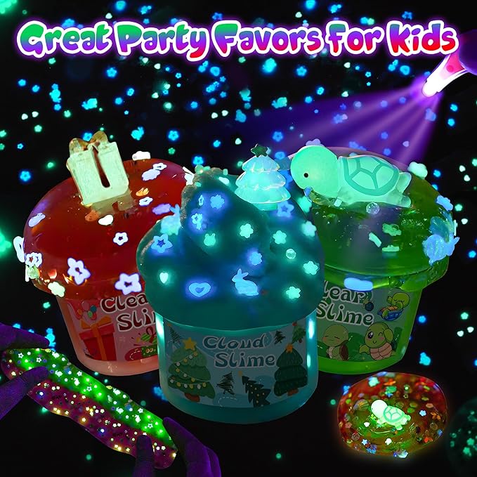 LAWOHO 6 Packs Red & Green Slime for Kids- Clear, Butter, Cloud Slime Making Kit with Glow in The Dark Add-ins & Charms, Slimes Kit for Boys & Girls Party Favors, Birthday St Patricks Day Easter
