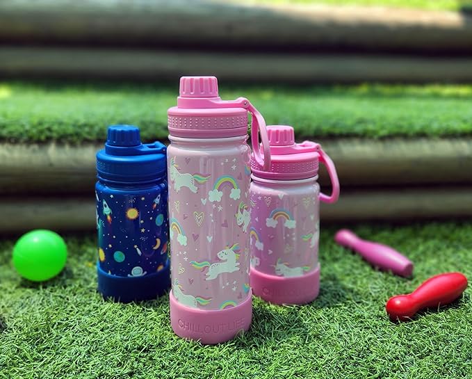 CHILLOUT LIFE 17 oz Kids Insulated Water Bottle for School with Leakproof Spout Lid and Cute Waterproof Stickers, Personalized Stainless Steel Thermos Flask Metal Water Bottle, Pink Unicorn