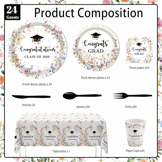 MEHOFOND 169pcs Wildflower Graduation Disposable Plates Napkins Cups Tablecloth Set Floral Congrats Grad Disposable Tableware Set for 24 for Class of 2026 Graduation Decorations