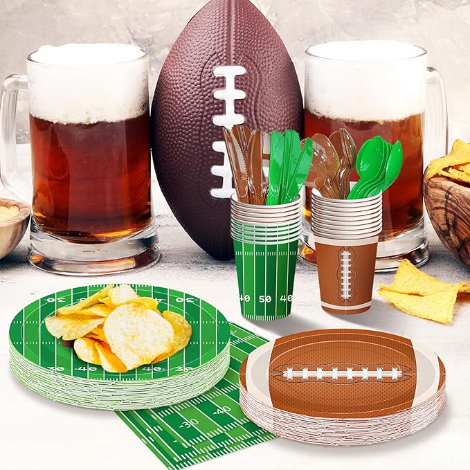 175 Pcs Football Tableware Set - Serves 25, Football Themed Disposable Plates, Cups, Napkins, Forks, Spoons, Knives for Game Events Birthday Party Supplies, Sports Holiday Gathering