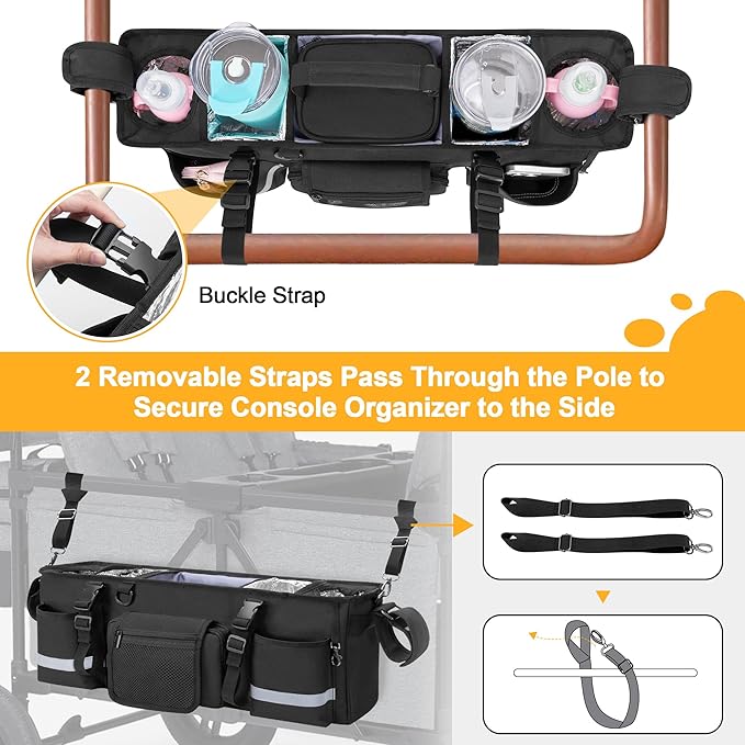 GRAOSO Parent Console Stroller Organizer Compatible with WONDERFOLD W4, with Four Insulated Cup Holders, a Removable Cooler Bag, Special Board Design Make It Not Easy Collapse and Tilting, Black