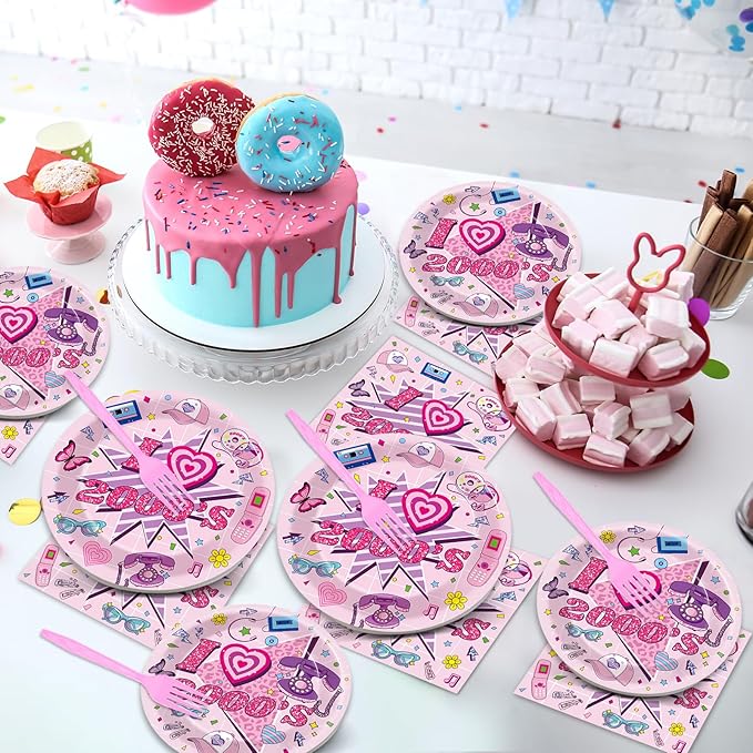 Qyeahkj 100Pcs 2000s Y2K Pink Decorations Party Supplies 90s Plates Napkins Disposable 1990s Tableware Dinnerware Birthday for 90's Kids Bachelorette Favor