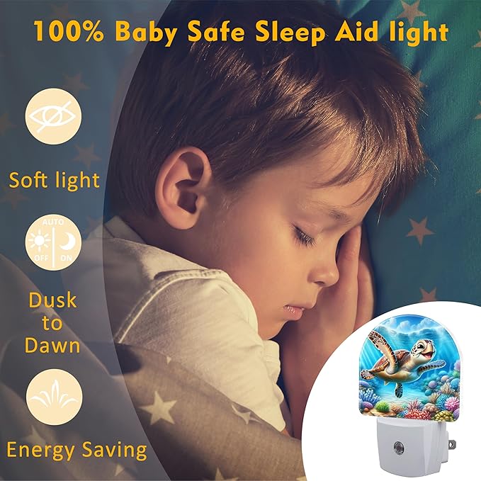 Cute Sea Turtle Night Light for Kids,Smile Turtle and Colorful Corals Plug in Night Light with Dusk to Dawn Sensor, 0.5w Energy Saving Nightlight for Hallway Stairway Kitchen Bedroom