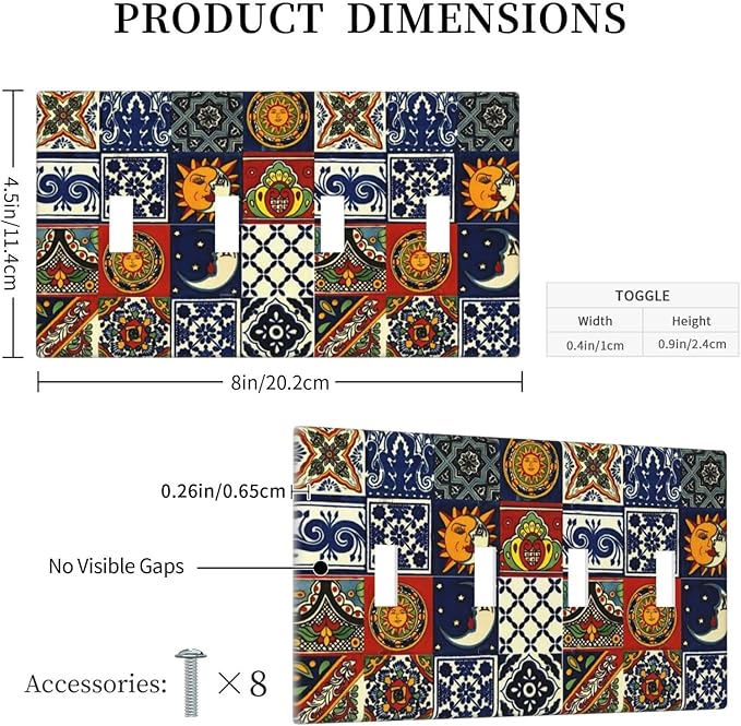 Boho Moroccan Mandala Mexican Tiles Decorative 4 Gang Quad Toggle Light Switch Cover Electric Large Size Quadruple Faceplate Decorative Switch Face Wallplate