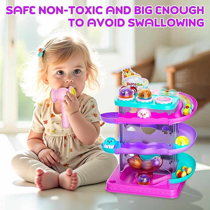 2-in-1 Rolling Ball & Car Ramp Race Track for Toddlers, Hammer Ball Drop Toy for Boys & Girls, Interactive Playset w/Sensor Lights - Montessori STEM Learning Toys for Kids 1-5+ Year Old