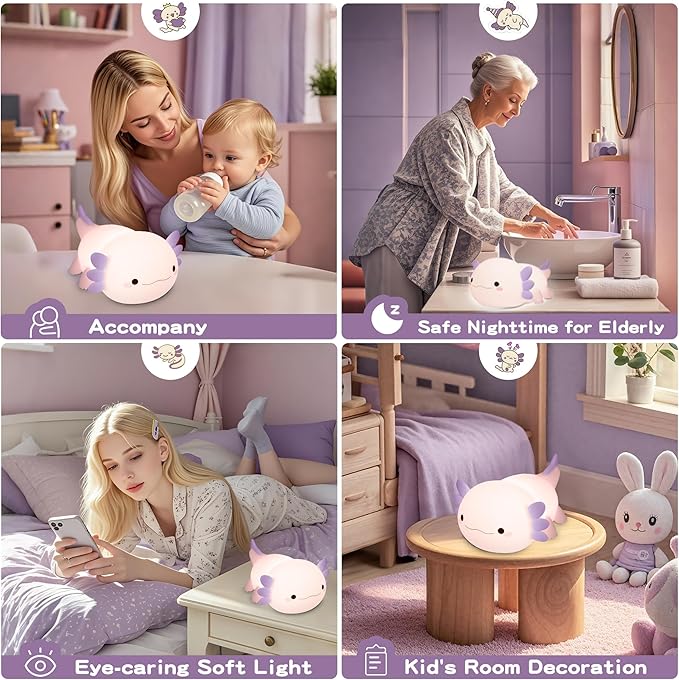 Axolotl Night Light for Kids,Cute Purple Axolotl Lamp ,LED Squishy Nursery Nightlight, Soft Silicone Novelty Animal Bedside Touch Lamp, Room Decor,Axolotl Gifts for Mom Girls Baby, Mother's Day Gift
