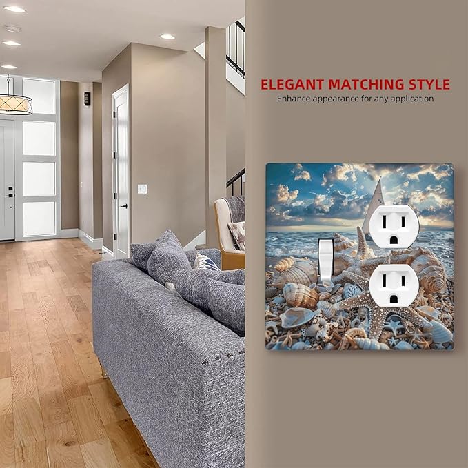 Decorative Outlet Covers Ocean Sea Beach Starfish Seashell Sailboat Sunset 2 Gang Wall Plate Single Toggle Duplex Light Switch Cover Switch Plate Covers Faceplate for Bedroom Home Decor