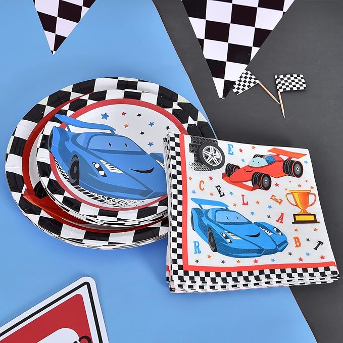 WERNNSAI Race Car Party Supplies - 48PCS Checked Racing Party Plates Napkins Disposable Tableware Set Race Car Birthday Decorations for Boys Birthday Baby Shower Decorations Serves 16 Guests