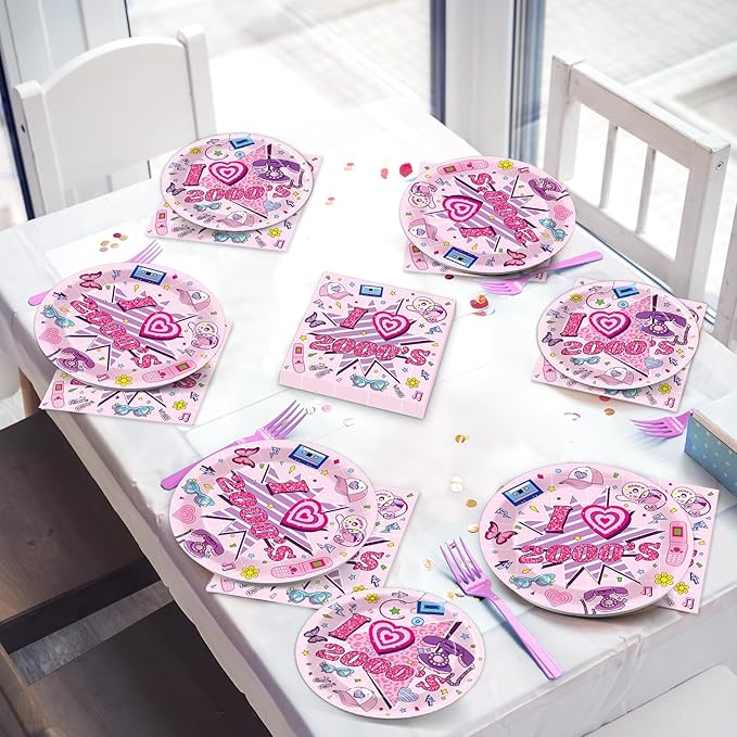 Qyeahkj 100Pcs 2000s Y2K Pink Decorations Party Supplies 90s Plates Napkins Disposable 1990s Tableware Dinnerware Birthday for 90's Kids Bachelorette Favor