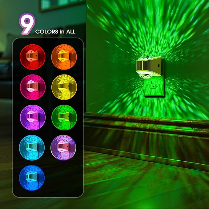 Night Lights Plug into Wall, Star Projector for Bedroom, Gold Night Light Projector for Kids, 9-Color RGB Galaxy Nightlight with Dusk to Dawn Sensor for Bathroom, Home Gaming Room Decor Gifts, 2pack
