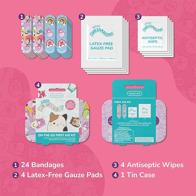 Smart Care Squishmallow First Aid Kit Travel Essentials with Antiseptic Wipes, Cute Bandage Variety Pack for Kids, Latex-Free Gauze Pads and Bandages in Tin Case, 33PC