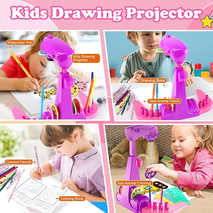 Sumsoltic Drawing Projector for Kids,Art and Craft Kit, Including Colored Pencils, Crayons, Coloring Books, Toys for 3+ Year Old Girls (Pink Drawing Kit v1)