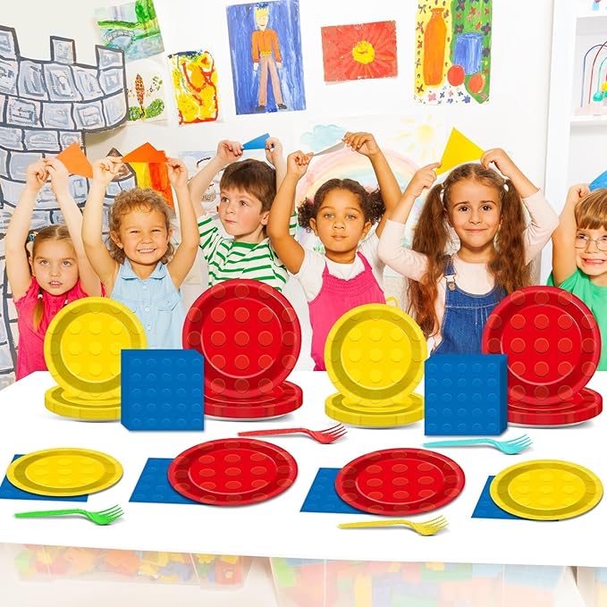 96Pcs Building Block Plates and Napkins Birthday Party Supplies Bricks Paper Dessert Plates Forks Building Block Tableware Set Disposable for 24 Guests Kids Boys Birthday Baby shower Party Decorations