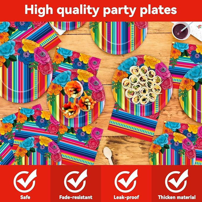 Mexican Party Decorations Fiesta Party Plates and Napkins Taco Birthday Supplies Mexican Paper Cake Dessert Disposable Tableware Set Table Cover Flowers Fiesta Tablecloths