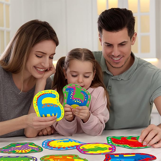 SpriteGru 9 Pieces Kids Lacing Cards, Double Sided Sewing Cards in 9 Dinosaurs with 9 Colorful Laces, Imagination Development Lacing Toys Games for Children Educational and Learning Activity