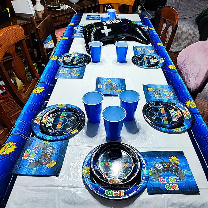 Video Game Party Supplies Serve 20-81Pcs Plates Napkins Tablecloth Forks Set for Boys Gaming Controller Party Decorations