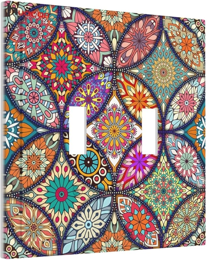 Boho Floral Pretty Colorful Mandala Flowers Decorative Switch Plates 2 Gang Double Toggle Outlet Light Switch Cover Wall Plate Electrical Faceplate for Bedroom Living Room Decor