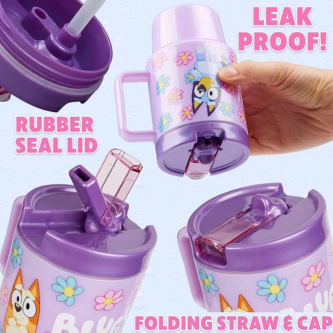 Get Trend Bluey Kids Water Bottle with Straw 16.9 oz BPA Free Plastic Cup with Lid Handle Reusable Drinking Tumbler for School Gifts for Kids (Purple Bluey)