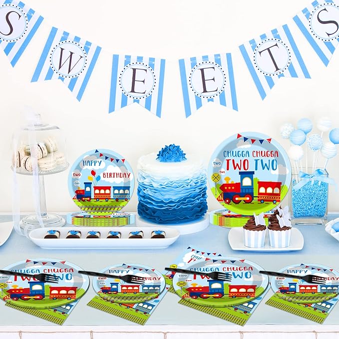 100 PCS Chugga Chugga Two Two Party Supplies Set Train Plates and Napkins 2nd Birthday Party Tableware Packs Decorations Transportation Disposable Paper Plates Napkins Forks For Kids Serve 25