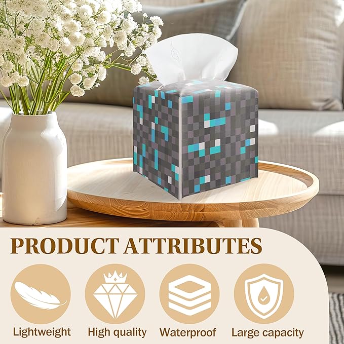 Pixel Diamond Ore Square Leather Tissue Box Cover – Gaming Themed Facial Paper Organizer, Fun Birthday Gift for Kids & Gamers, Decorative Bathroom, Bedroom & Game Room Decor