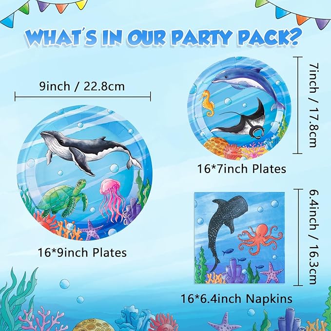 WERNNSAI Ocean Birthday Party Decorations - 48 Pcs Shark Theme Party Decorations Ocean Party Plates and Napkins for Kids Boys Under The Sea Birthday Baby Shower Party Serve 16 Guests