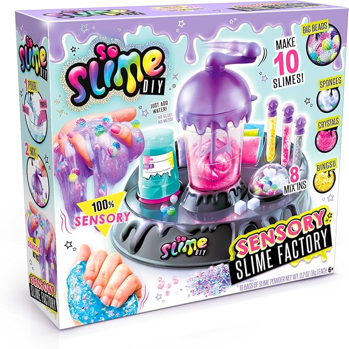 So Slime DIY Sensory Factory; Makes 10 Slimes; No Glue; No Mess; Sensory Mix’ins to Create ASMR Feels; Just Add Water and Turn The Crank; Slime Storage Containers Included