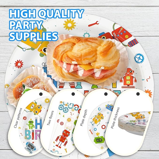 Grencian 96Pcs Robot Birthday Party Supplies Robot Themed Plates and Napkins Disposable Tableware Set for Boys Kids Birthday Party Baby Shower Decorations Serves 24